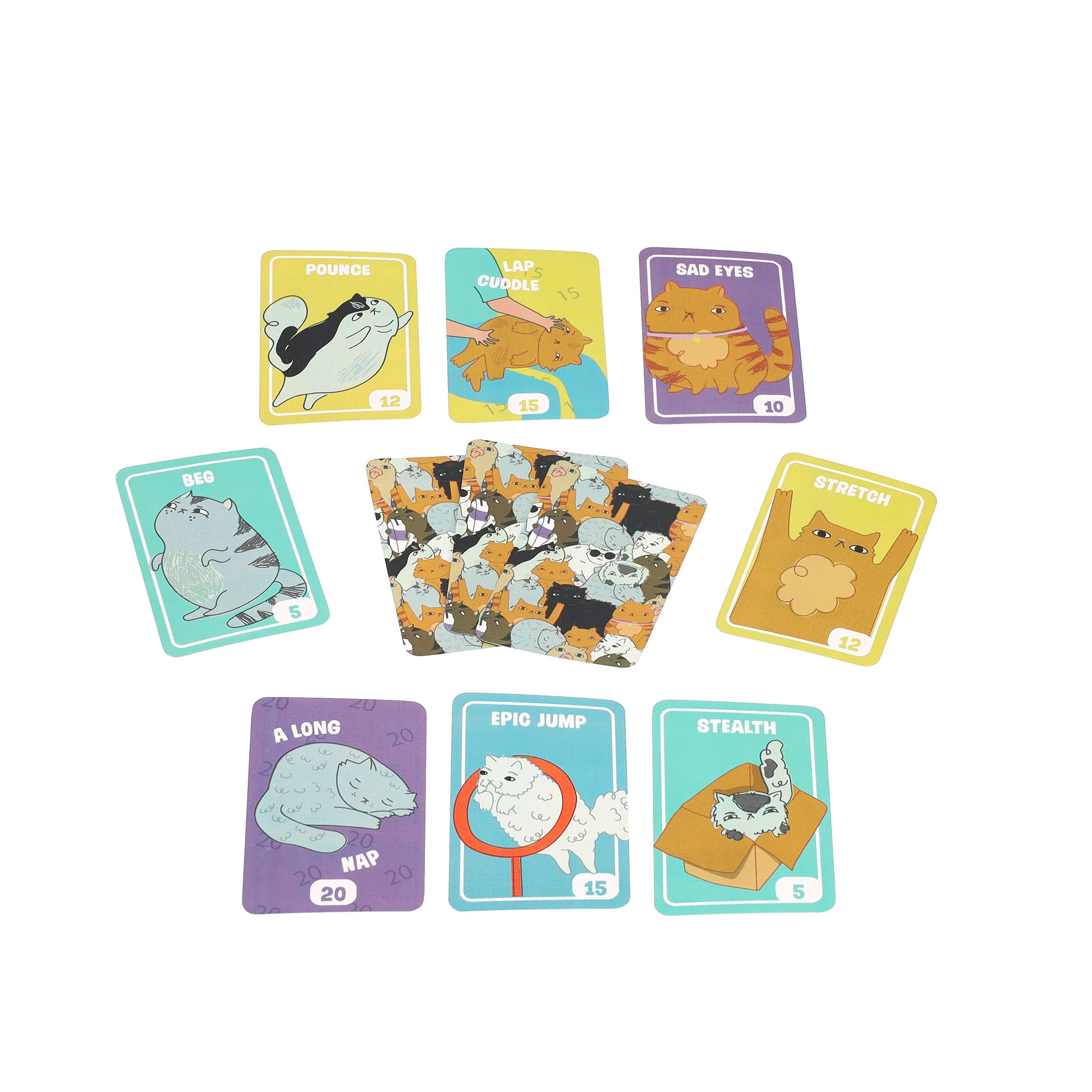 Nine Fat Cats playing cards with illustrated cat designs arranged in a circle.
