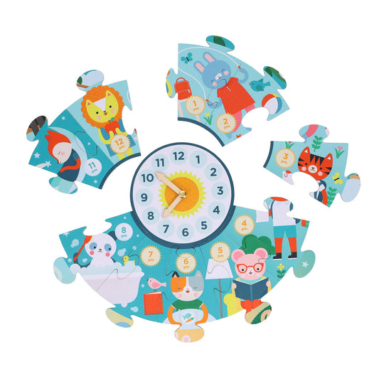 Telling the Time Floor Puzzle with animal-themed circular pieces displaying numbers and 7 o’clock.