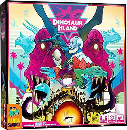 Dinosaur Island board game box showing dinosaurs, a scientist, and park-themed graphics.