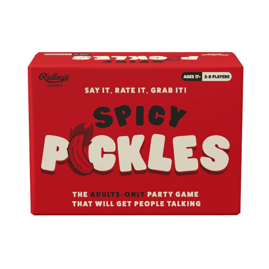 Spicy Pickles card game in a red box, for adults 17+, for 3-8 players.