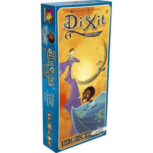 Dixit: Journey Expansion box featuring characters on flying carpets with an orange sky background.