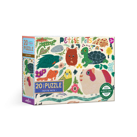Petite Pets 20 Piece Puzzle for ages 3+, includes illustrated small pets such as birds and hamsters.