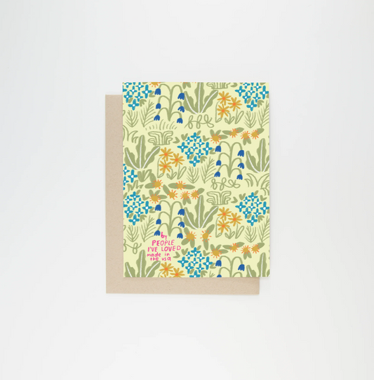 Meant For You Baby Card with colorful Venus of Willendorf floral pattern and People Ive Loved text at the bottom.