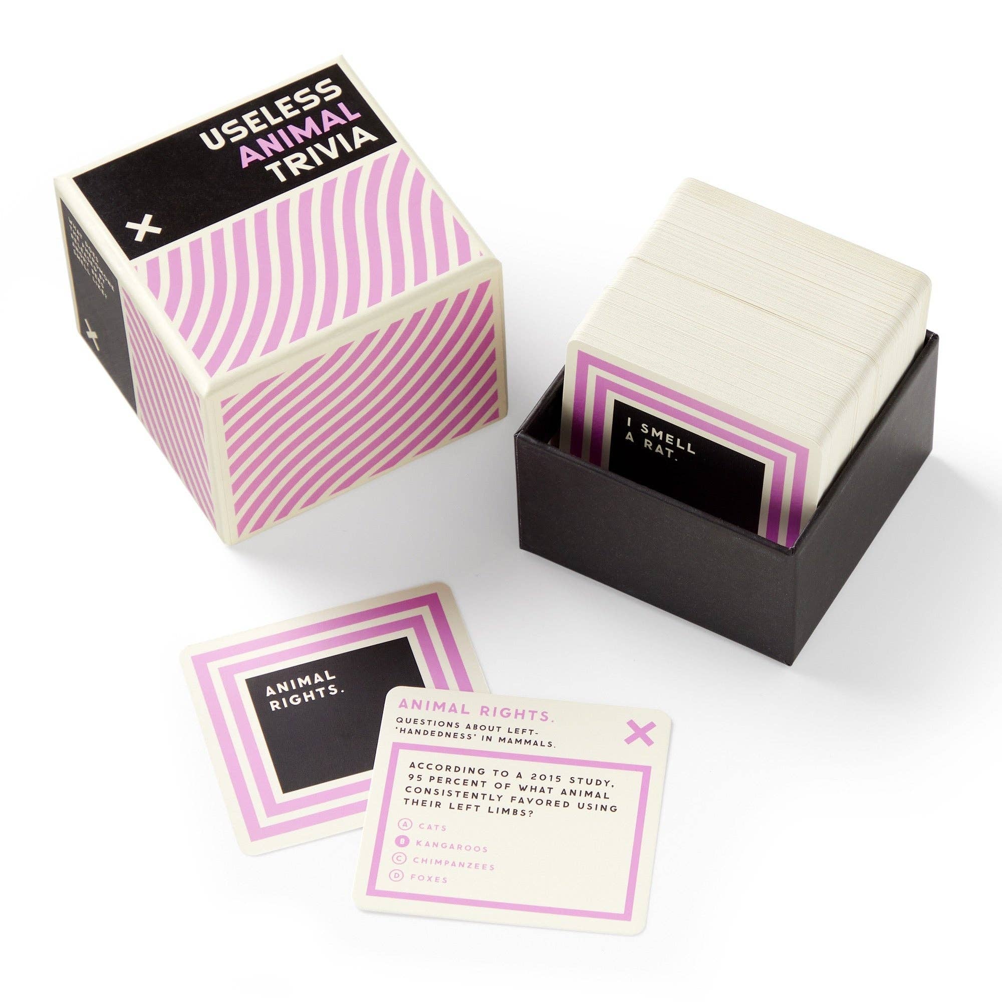 Brass Monkey Useless Animal Trivia box and stack of cards featuring unusual animal facts, including rat trivia.
