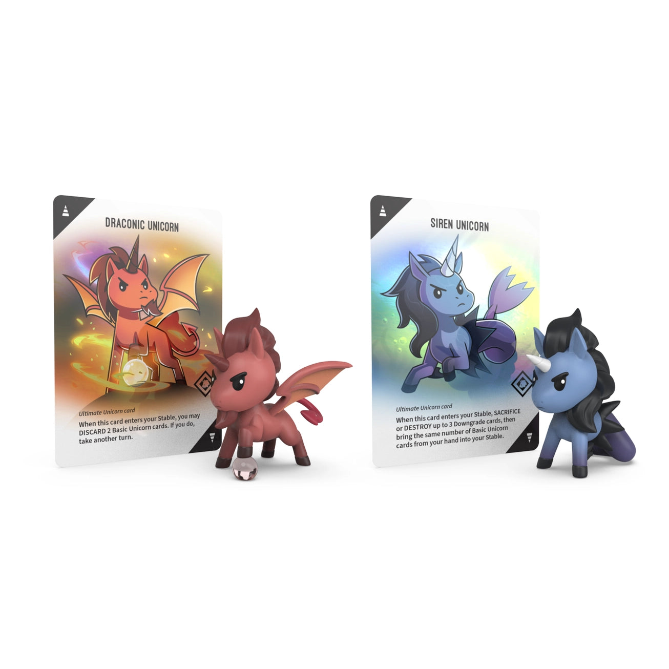 Unstable Unicorns Ultimate Vinyl Figures, red dragon and blue siren variants, shown with their matching cards.