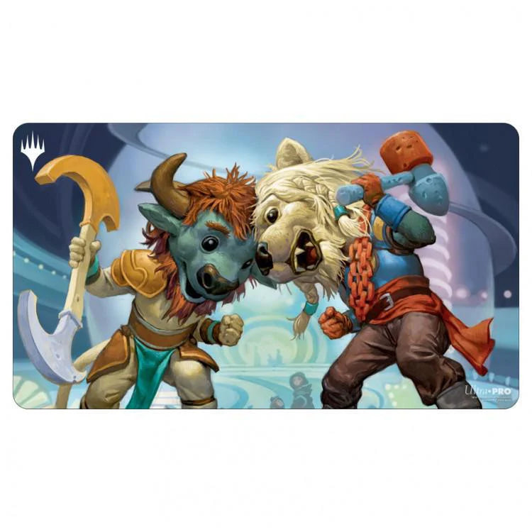 Face Off Playmat (UNF) MTG featuring a minotaur and bear gladiator in vibrant armor battling in a futuristic arena.