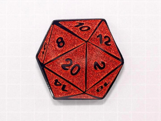 Black D20 dice enamel pin with red glitter, displaying numbers 8, 10, 12, 14, 18, and 20.
