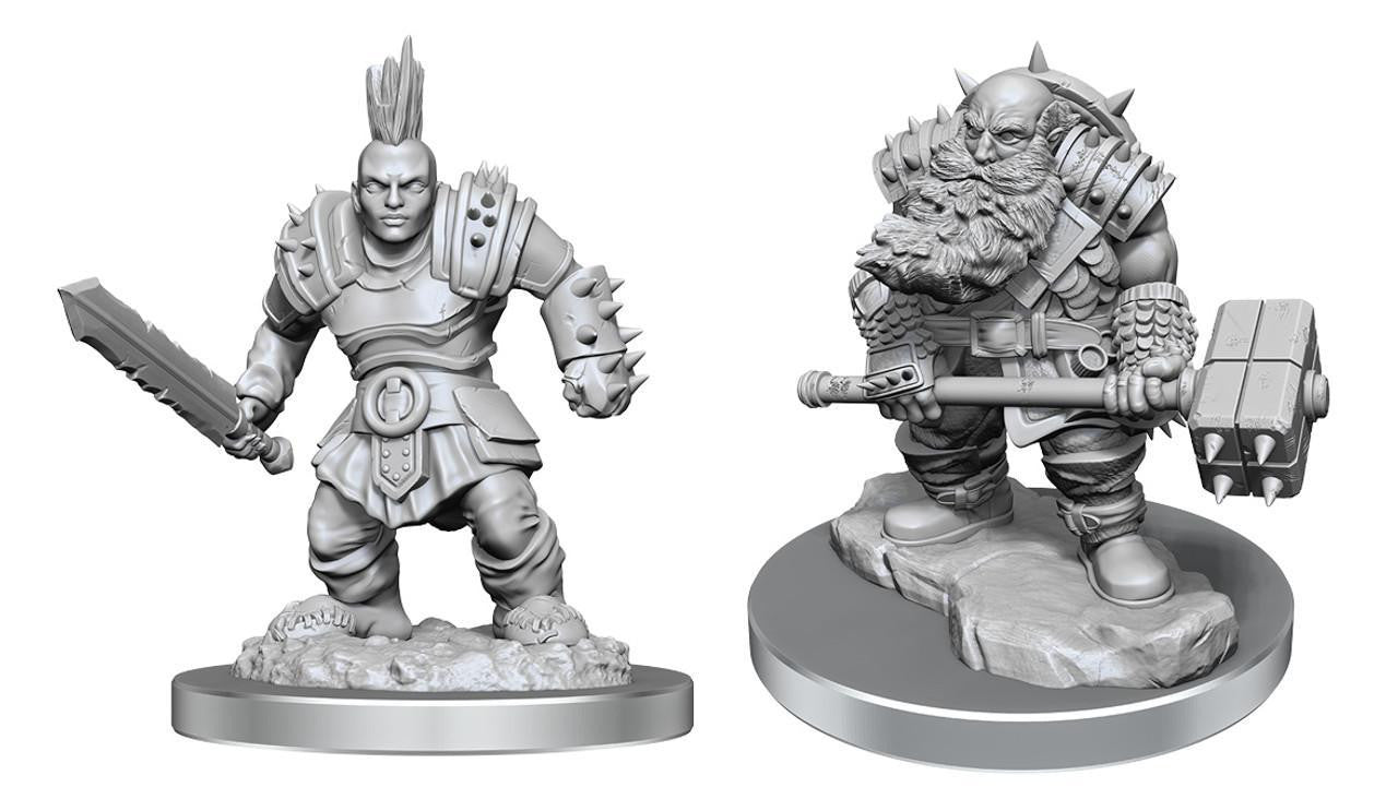 D&D: NMU Duergar Fighters W18 miniatures, one armored with sword, one bearded dwarf with hammer on rocky bases.