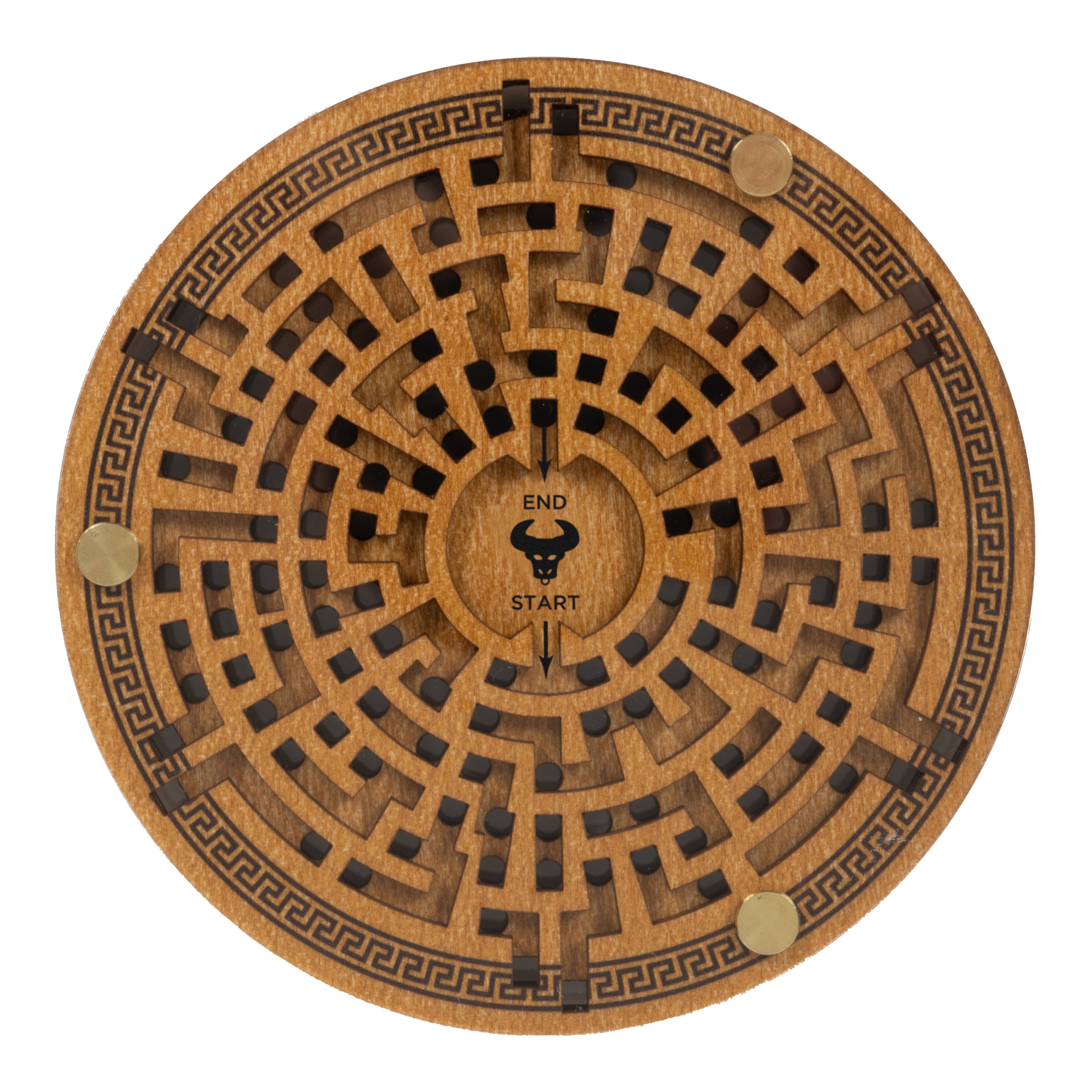 Theseus and the Minotaur puzzle: a circular wooden labyrinth with a central bull icon and start and end points.