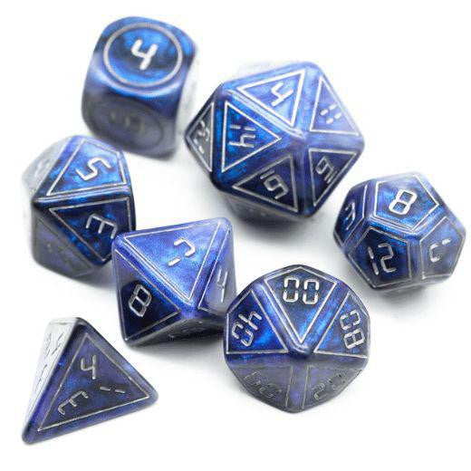 Cybernated Blue & Black XLarge RPG Dice Set of seven polyhedral dice with silver numbers.