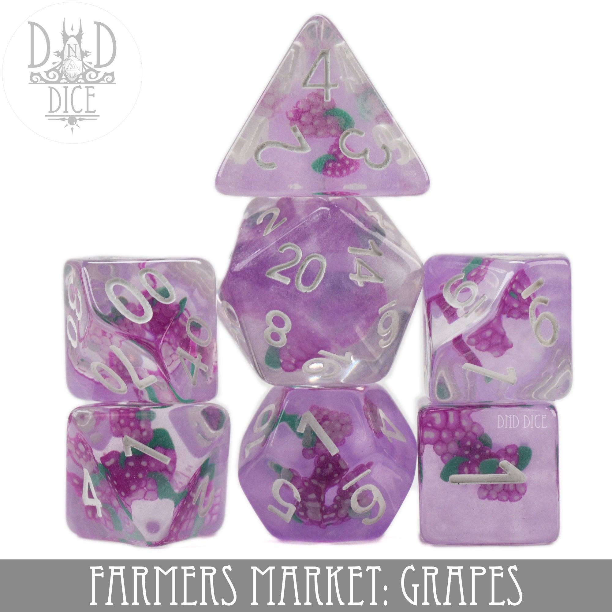 7-dice set in purple and clear resin with grape designs, labeled Farmers Market: Grape.