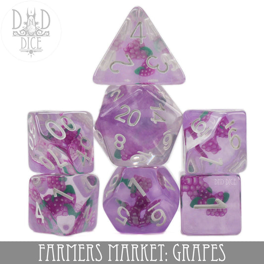 7-dice set in purple and clear resin with grape designs, labeled Farmers Market: Grape.