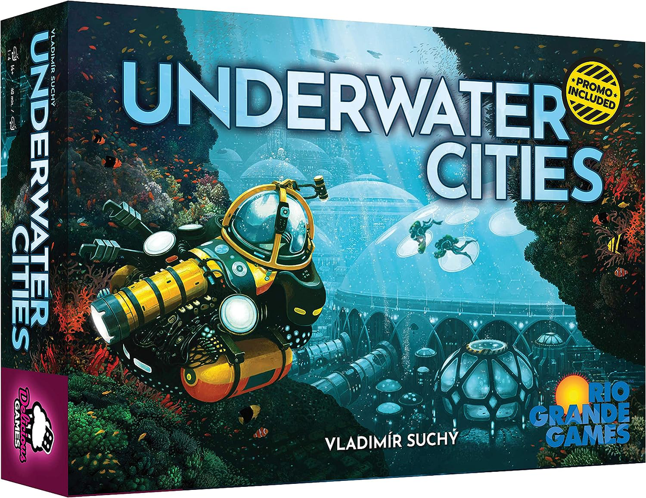 Underwater Cities board game box featuring a yellow submersible.