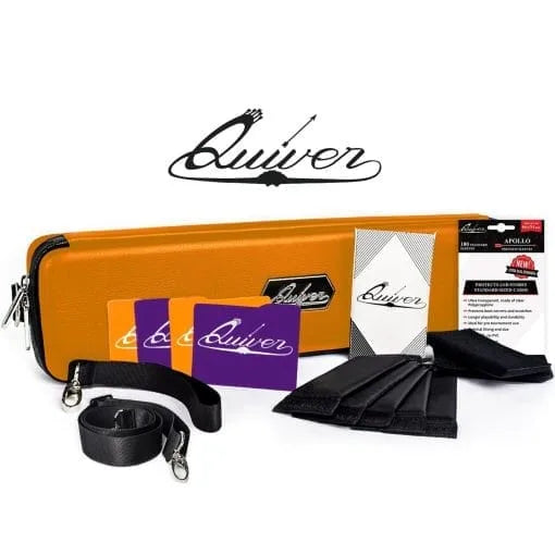 Quiver Card Case in orange with included cards, strap, and protective sleeves.