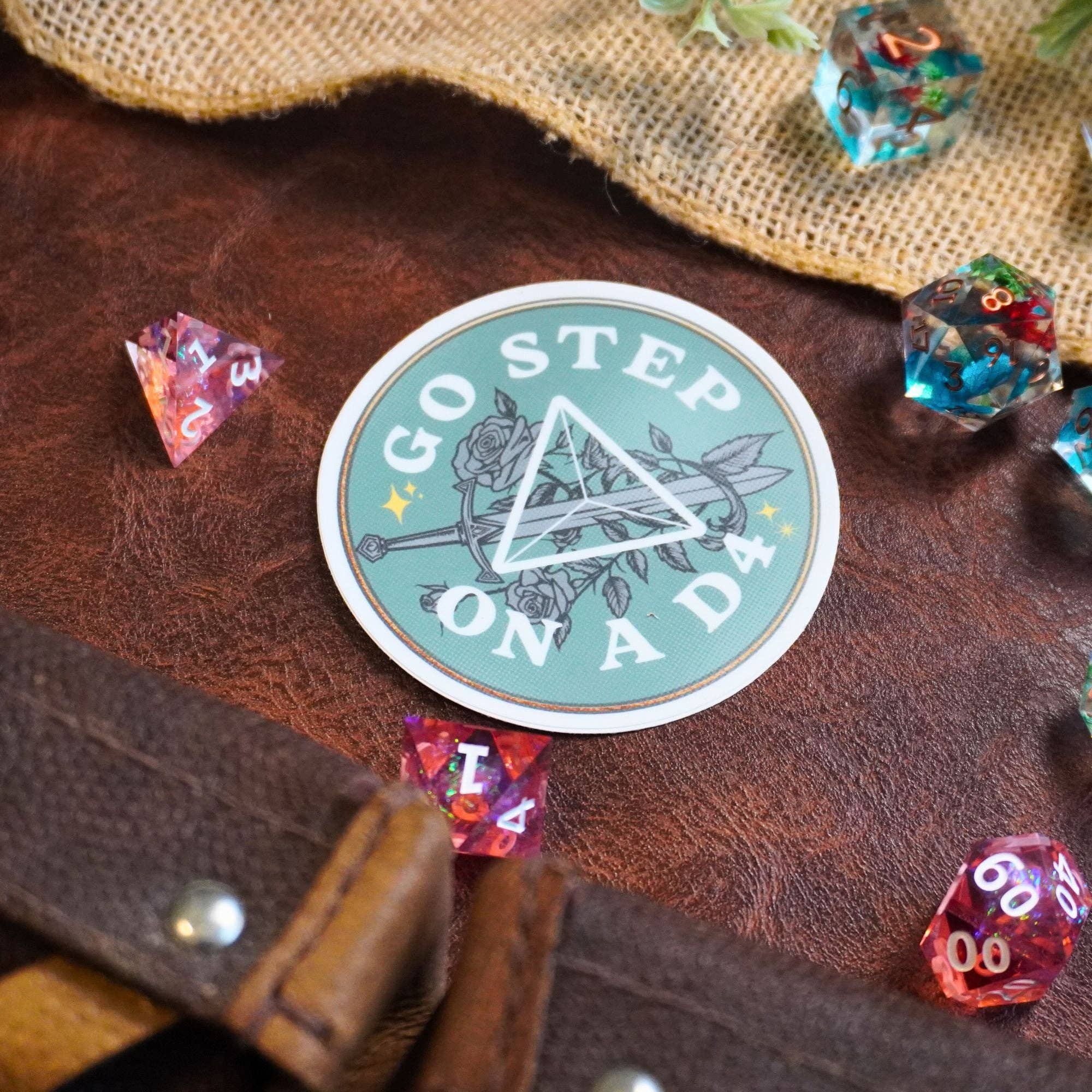 Go Step on a D4 sticker featuring dice on leather with burlap background.