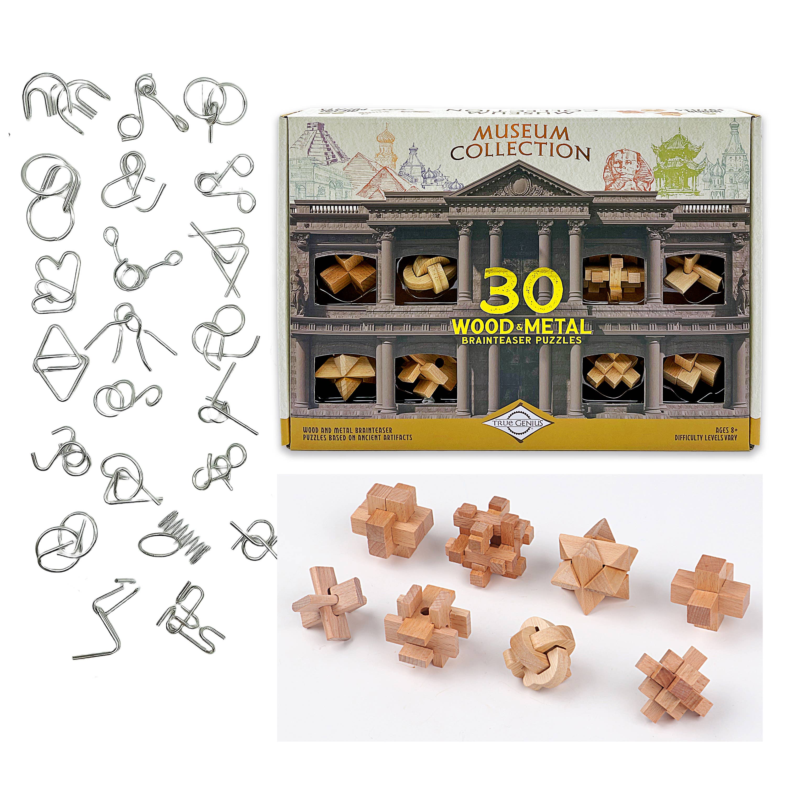 True Genius Museum Collection 30-piece Gift Set with wood and metal brainteasers shown on box sides.
