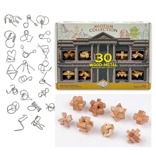 True Genius Museum Collection 30-piece Gift Set with wood and metal brainteasers shown on box sides.