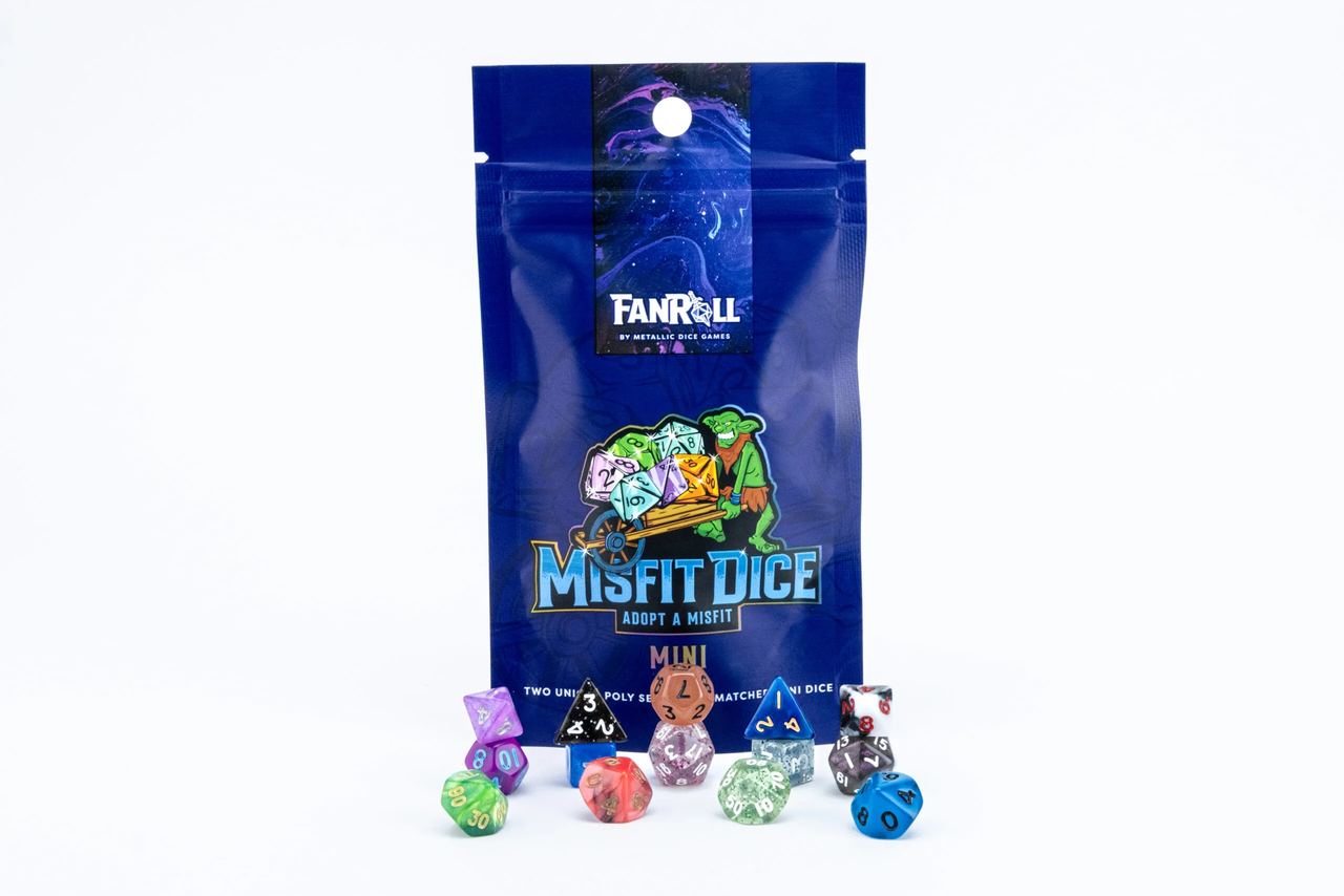 FanRoll Mystery Misfit Mini Polyhedral Dice Single Pack with 2 Full Sets and blue bag.