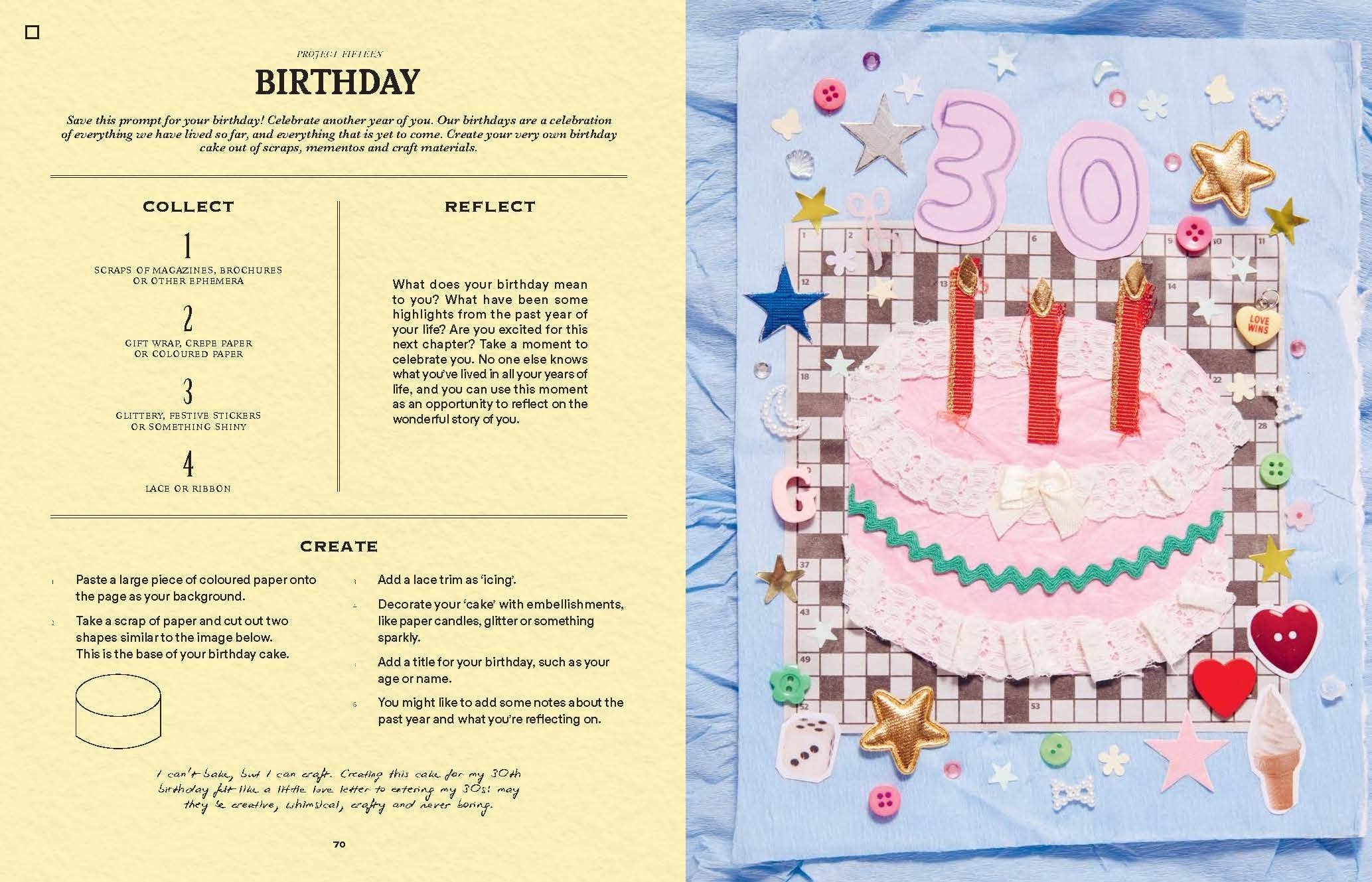 A Year of Junk Journaling book with birthday cake collage, candles, and creative prompts on a yellow page.