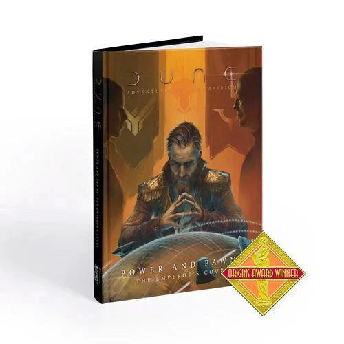 Dune RPG Power and Pawns: The Emperor’s Court Supplement Book with cover art of a seated man, clasped hands, and badge.