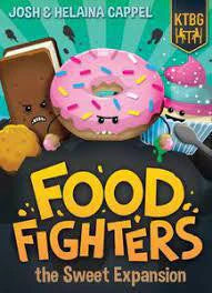 Food Fighters The Sweet Expansion game cover featuring desserts, Sweets faction, and new fighter tiles.