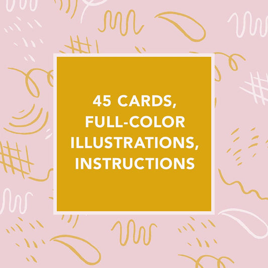 Time to Draw Deck with 45 prompt cards, full-color art, instructions on gold square, pink patterned box.