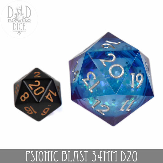 34mm D20 Psionic Blast, large blue resin liquid core countdown die with visible numbers.
