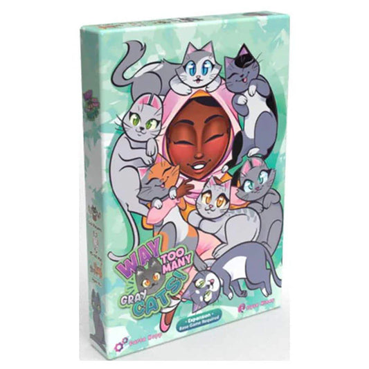 Way Too Many Gray Cats board game box featuring a woman, cartoon gray cats, and cat toys.