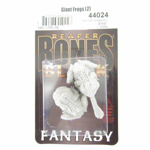 Two unpainted Reaper Bones Black Giant Frogs miniatures in plastic packaging.