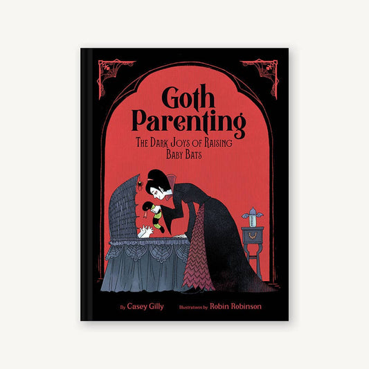 Goth Parenting book cover featuring illustrated goth parent and baby in crib, dark color scheme, humor genre.