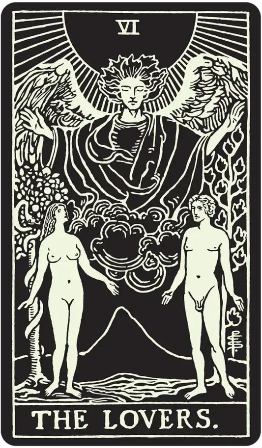Glow In The Dark Tarot card, The Lovers, with angel above a nude man and woman.