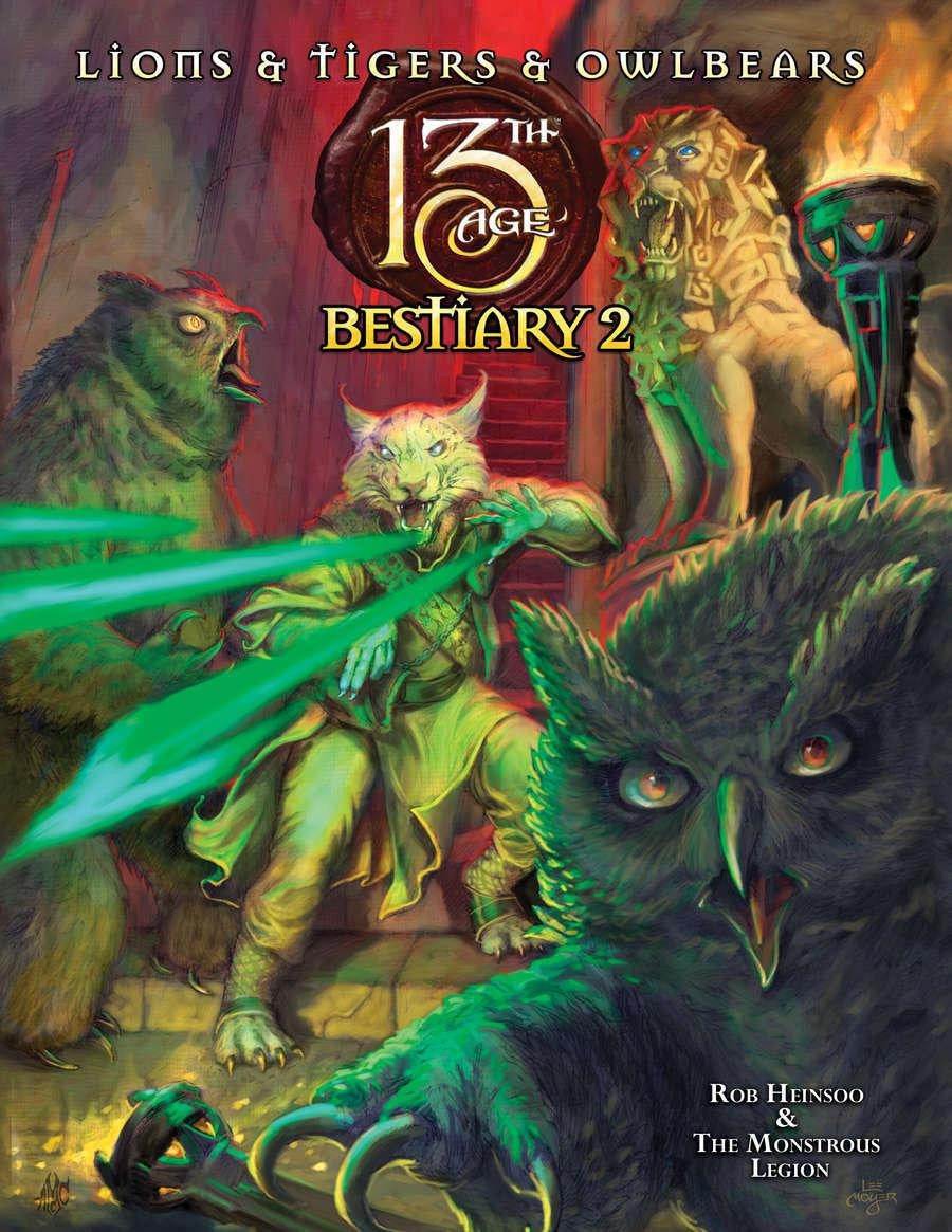 13th Age: Lions & Tigers & Owlbears game featuring a feline warrior with glowing swords battling owlbears.
