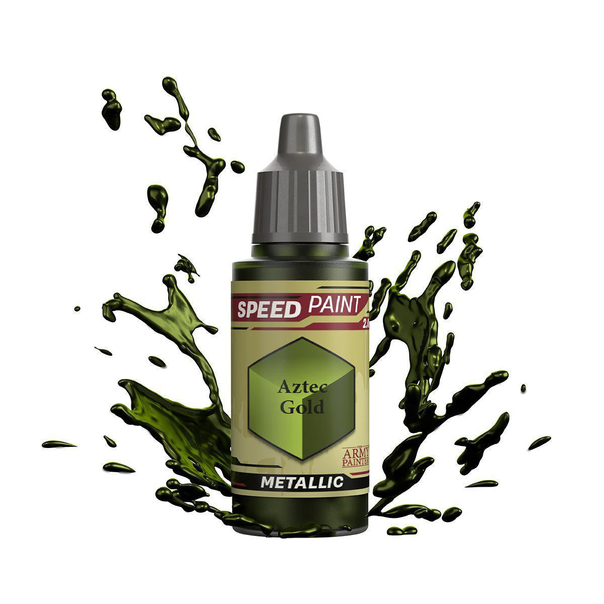 Army Painter Speedpaint Aztec Gold bottle for miniatures, with green paint splashes on a white background.