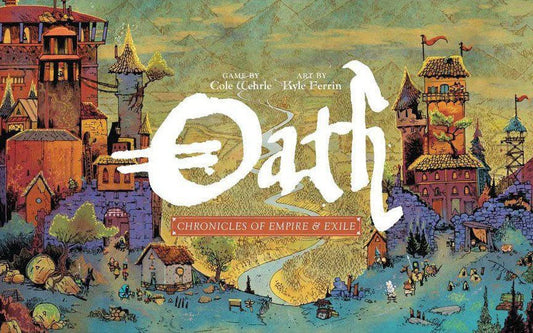 Oath: Chronicles of Empire & Exile board game for 1–6 players, with illustrated medieval town on box.