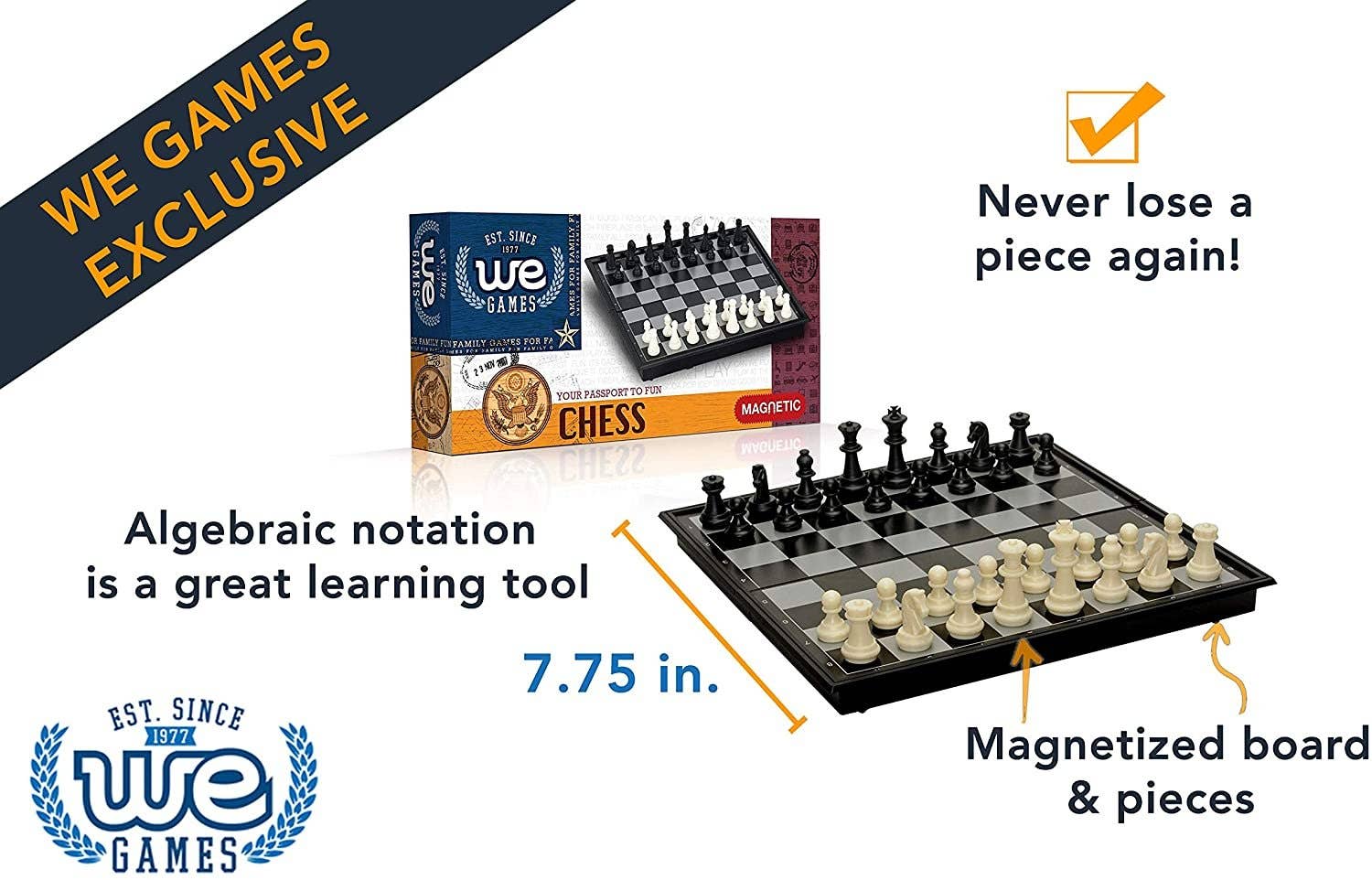 WE Games Magnetic Chess Set, 8-inch portable board with algebraic notation.