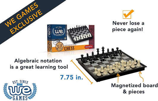WE Games Magnetic Chess Set, 8-inch portable board with algebraic notation.