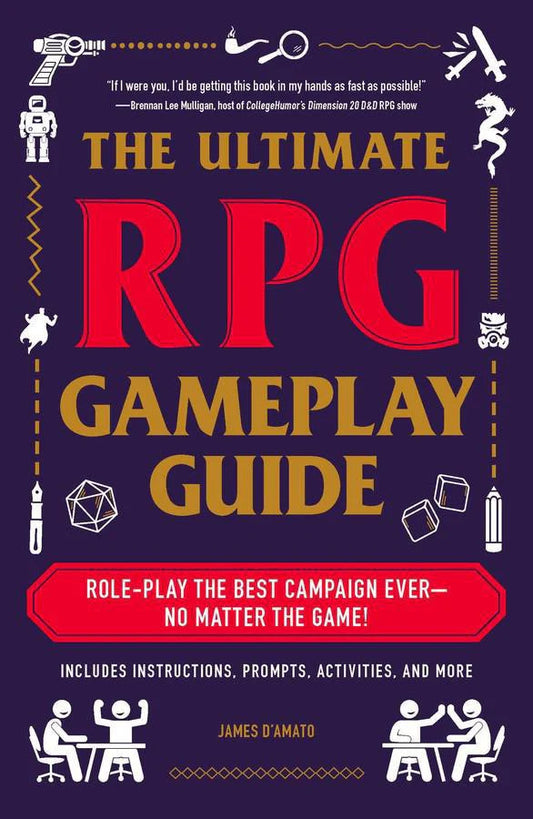 The Ultimate RPG Gameplay Guide book featuring tips for dice, swords, and gamers.