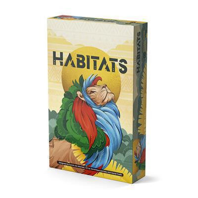 Habitats board game box with wildlife illustrations and a yellow sun in the background.