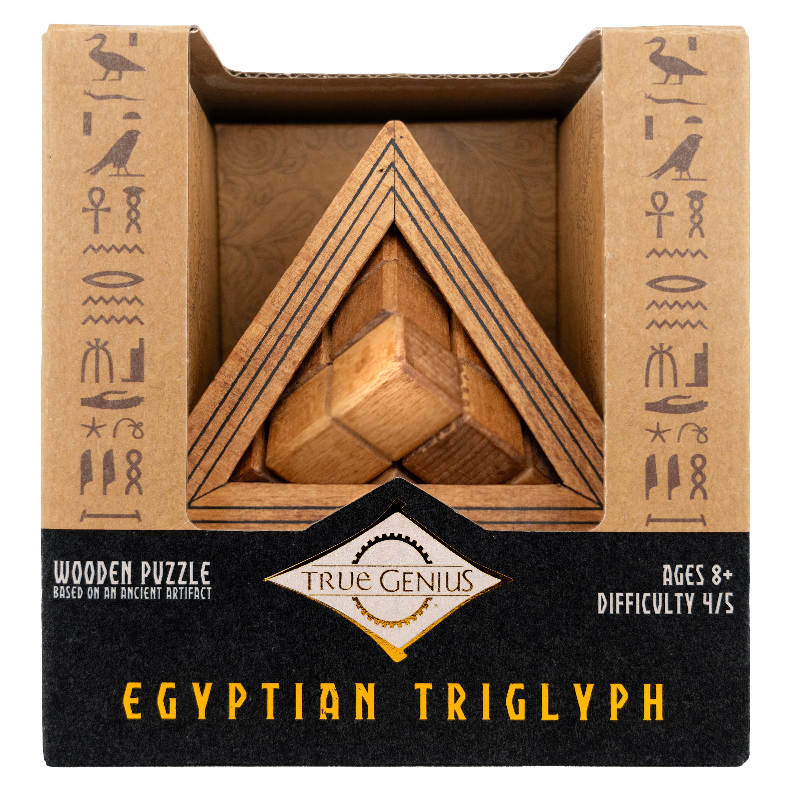 True Genius Egyptian Triglyph Puzzle, triangular wooden brainteaser in box with Egyptian-style symbols.