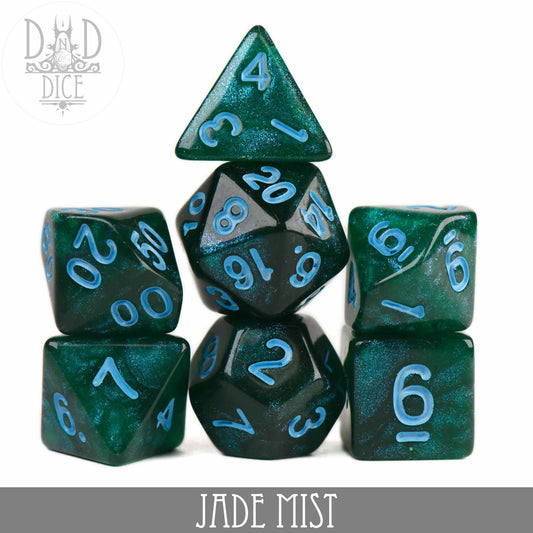 Jade Mist Glitter: 7-piece jade green acrylic dice set with blue numbers, stacked in a pyramid.
