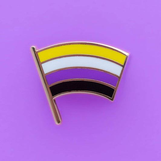 Nonbinary Flag enamel pin with yellow, white, purple, and black horizontal stripes.