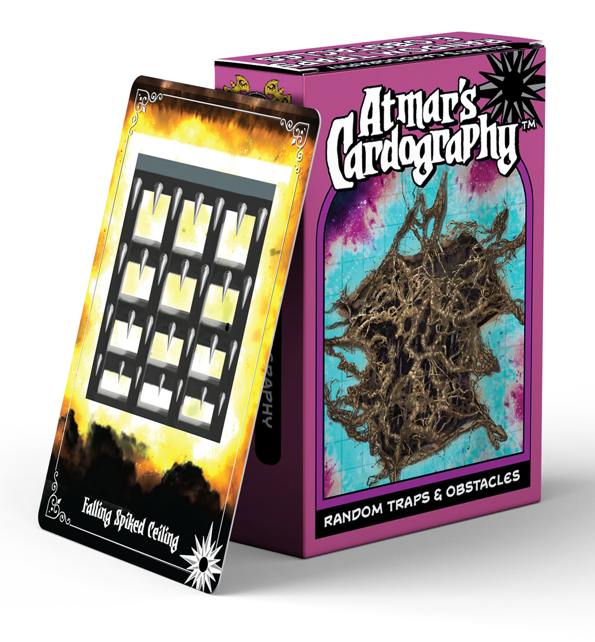 Falling Spiked Ceiling trap card with Cardography: Dangerous Traps & Obstacles deck in purple packaging.