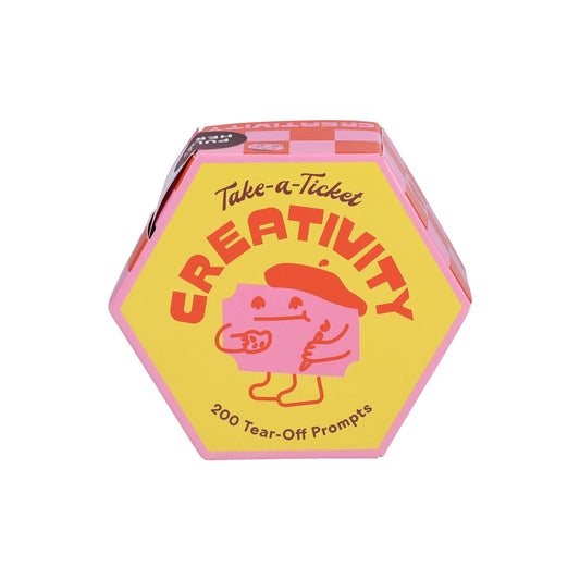 Take-a-Ticket Creativity Box with 200 artist prompts and a cartoon character on the packaging.