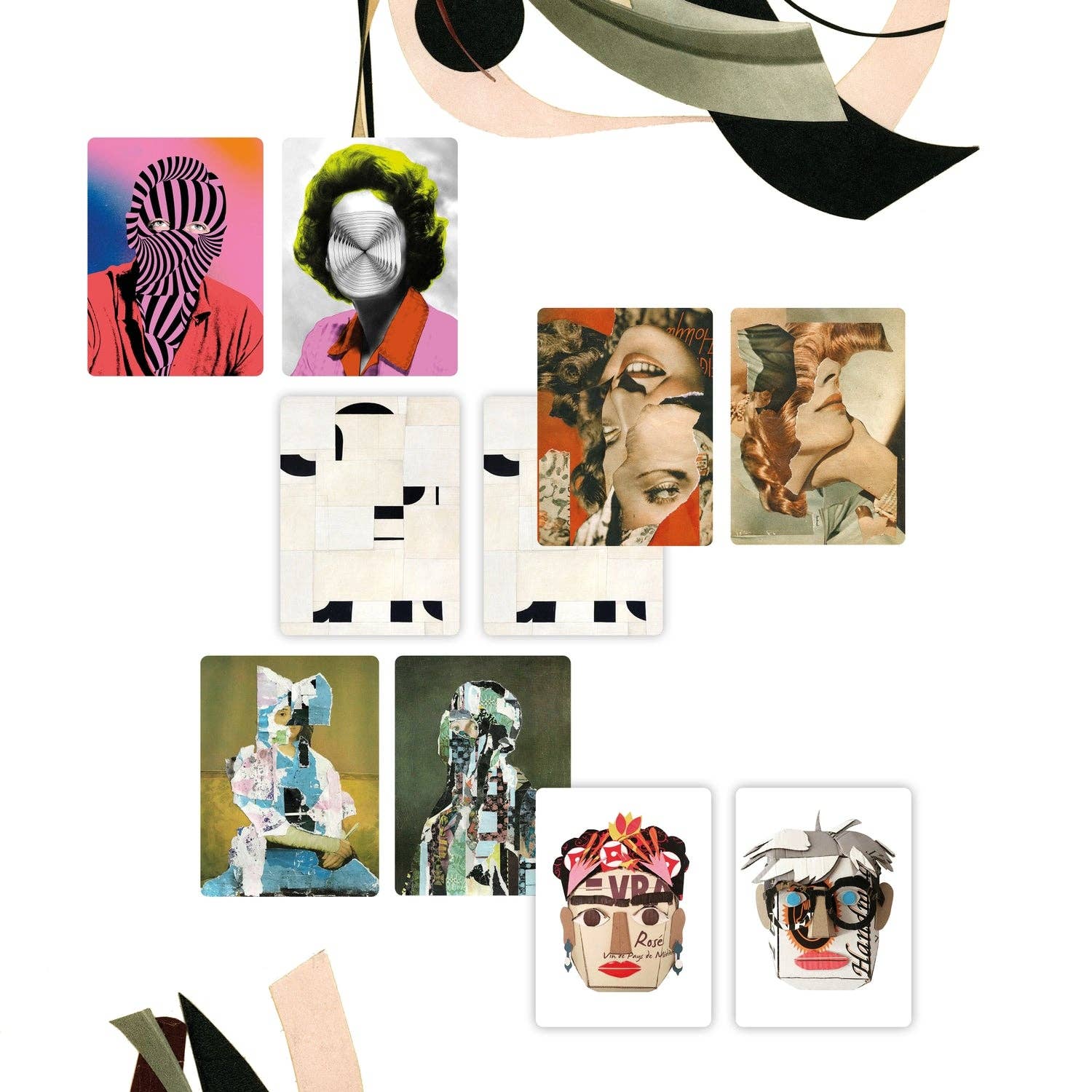 Collage Portrait Memory Game featuring nine abstract face artworks with vivid textures.