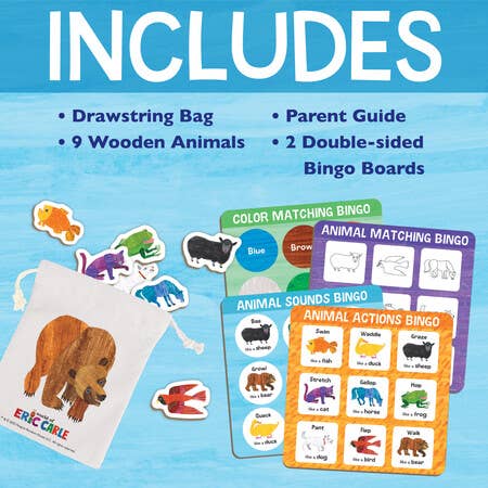 Eric Carle Brown Bear Animal Bingo with 9 wooden animals, bingo boards, bag, and parent guide.