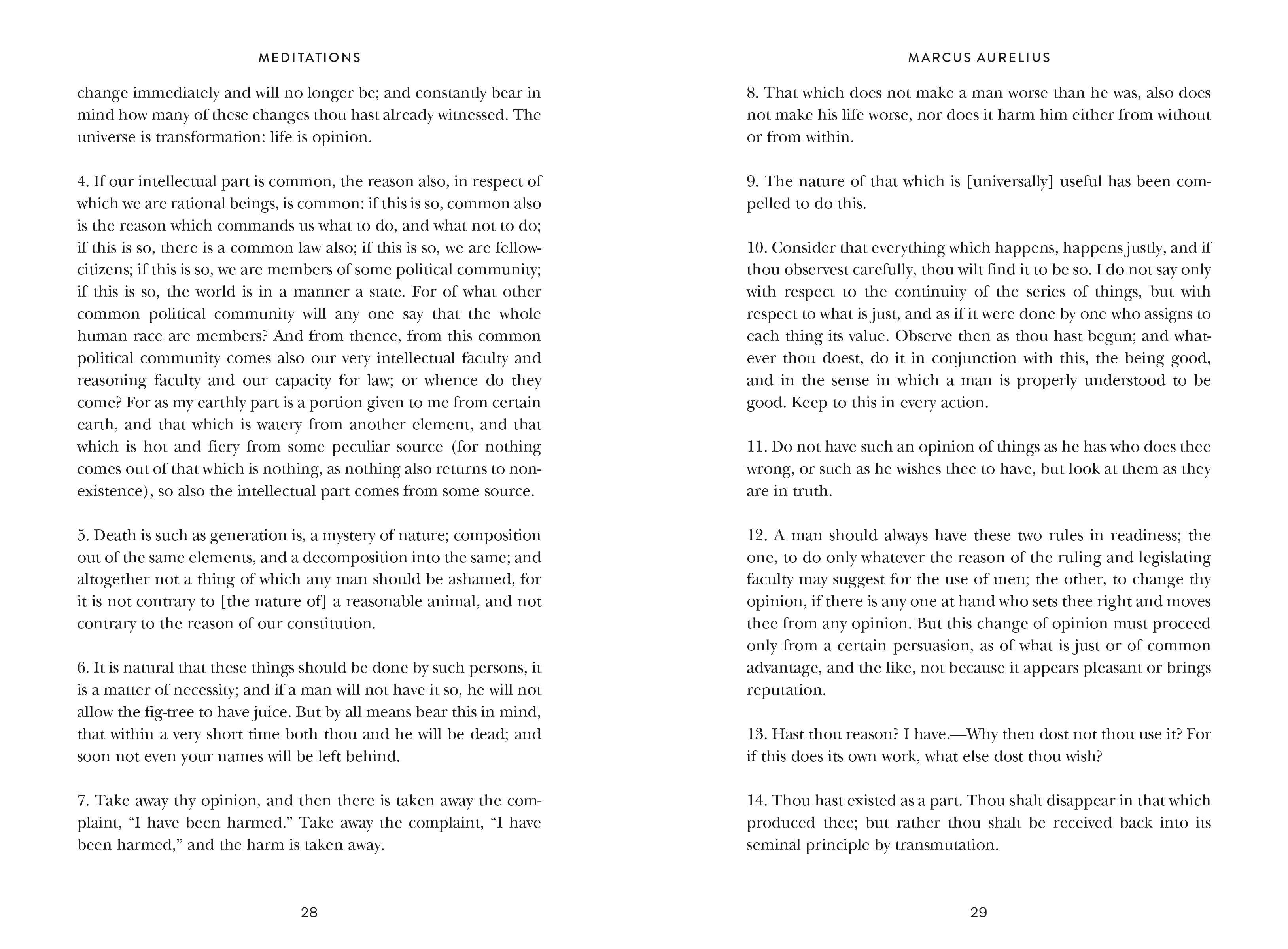 Meditations by Marcus Aurelius, open to two pages displaying his Stoic philosophy and reflections.