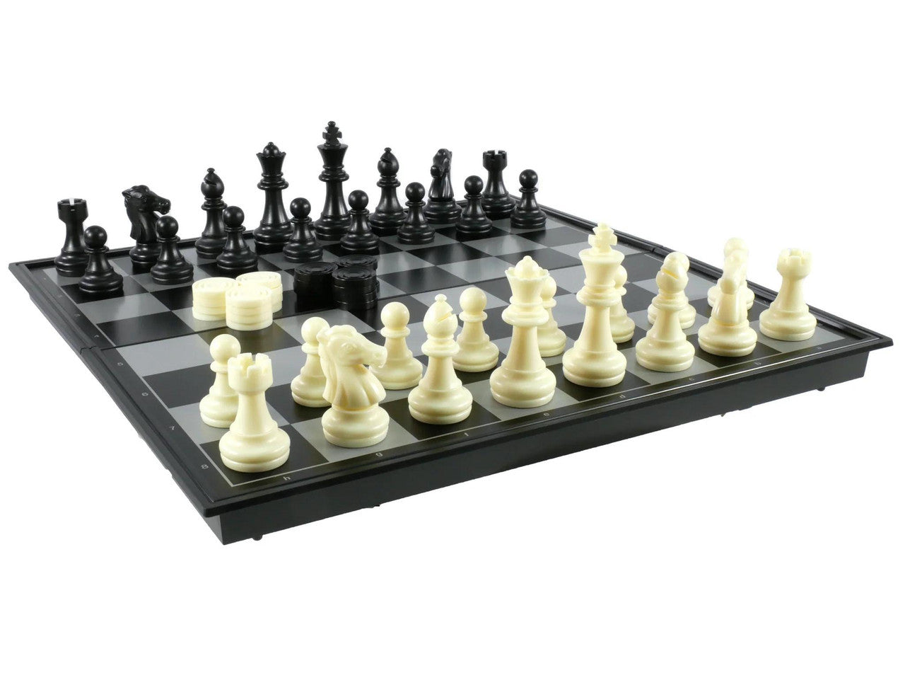 12 Magnetic Chess Set with Checkers, black and white pieces arranged for a new game, top-down view.