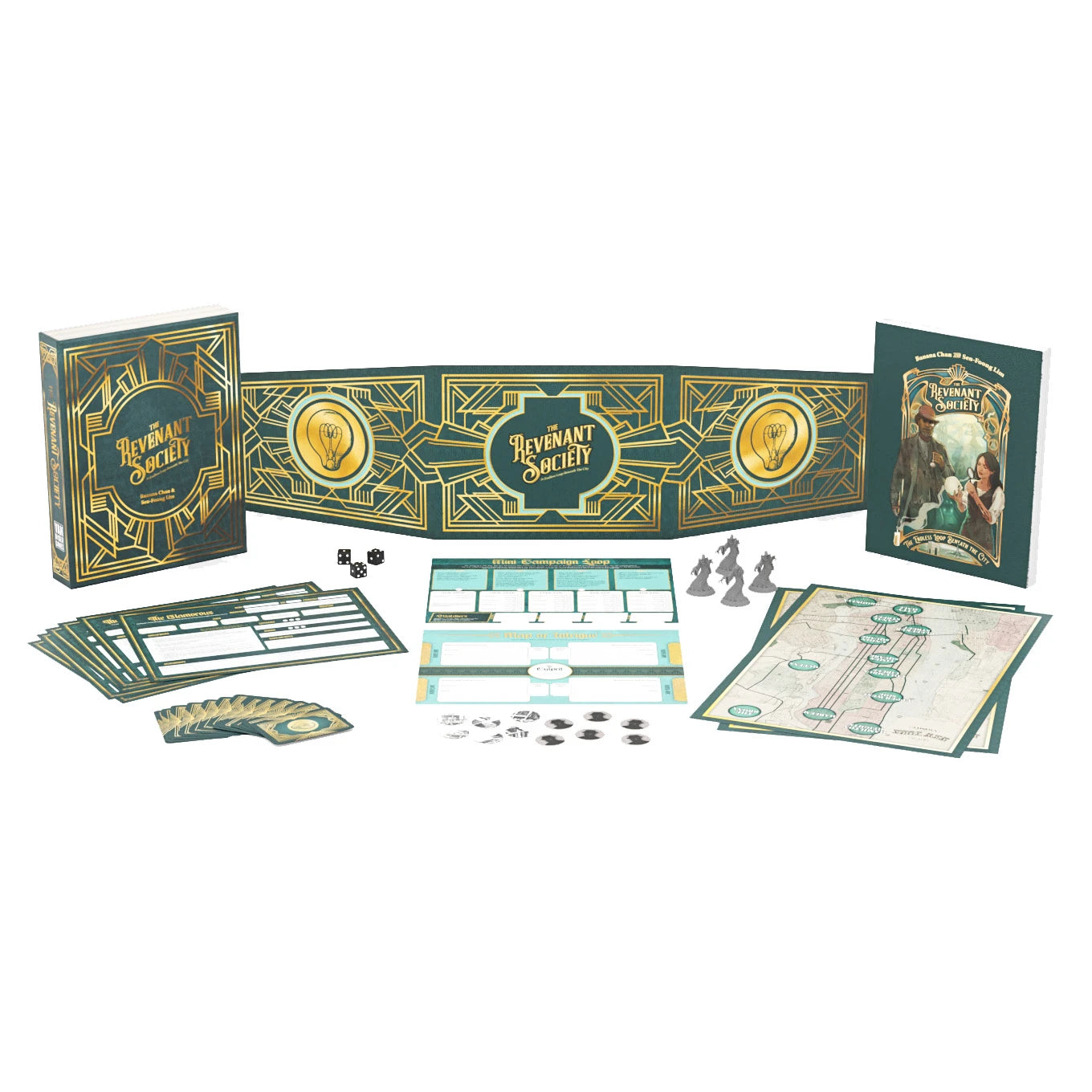 The Revenant Society Deluxe Set with box, board, rulebook, cards, tokens, dice, and character figures.