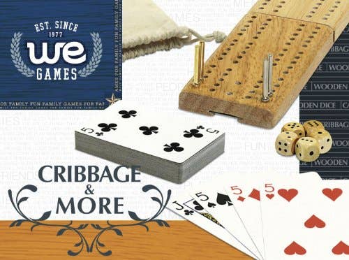 WE Games Cribbage and More Travel Game Pack with folding board, pegs, cards, dice, and storage box.