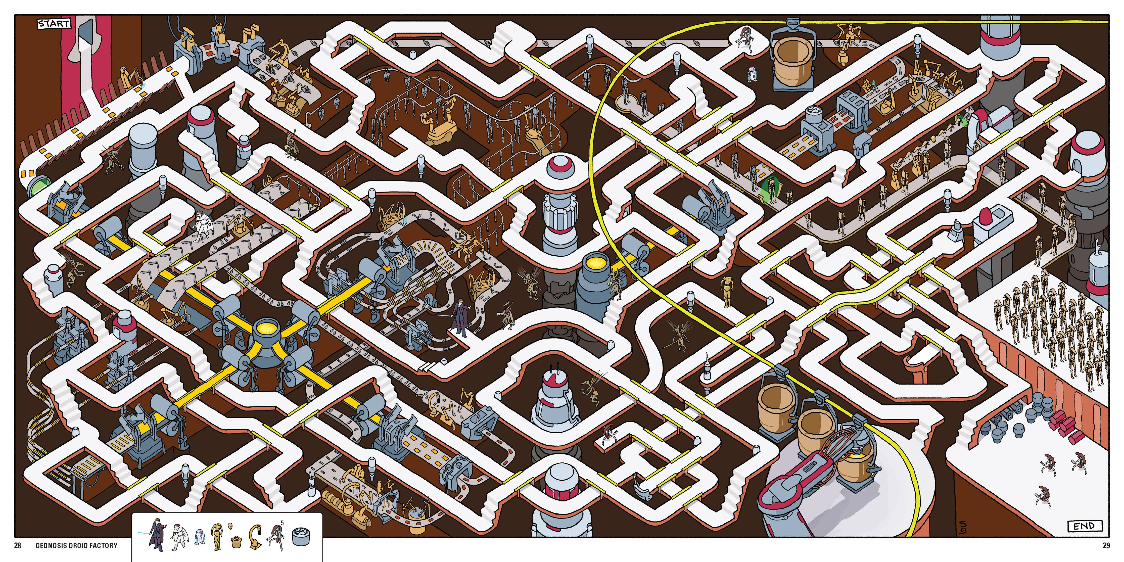 Star Wars Mazes book featuring a cartoon maze of a droid factory with robots, conveyor belts, and start-to-end paths.